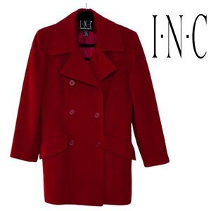 INC Cranberry Red Wool-Blend Peacoat | Classic Double-Breasted Jacket